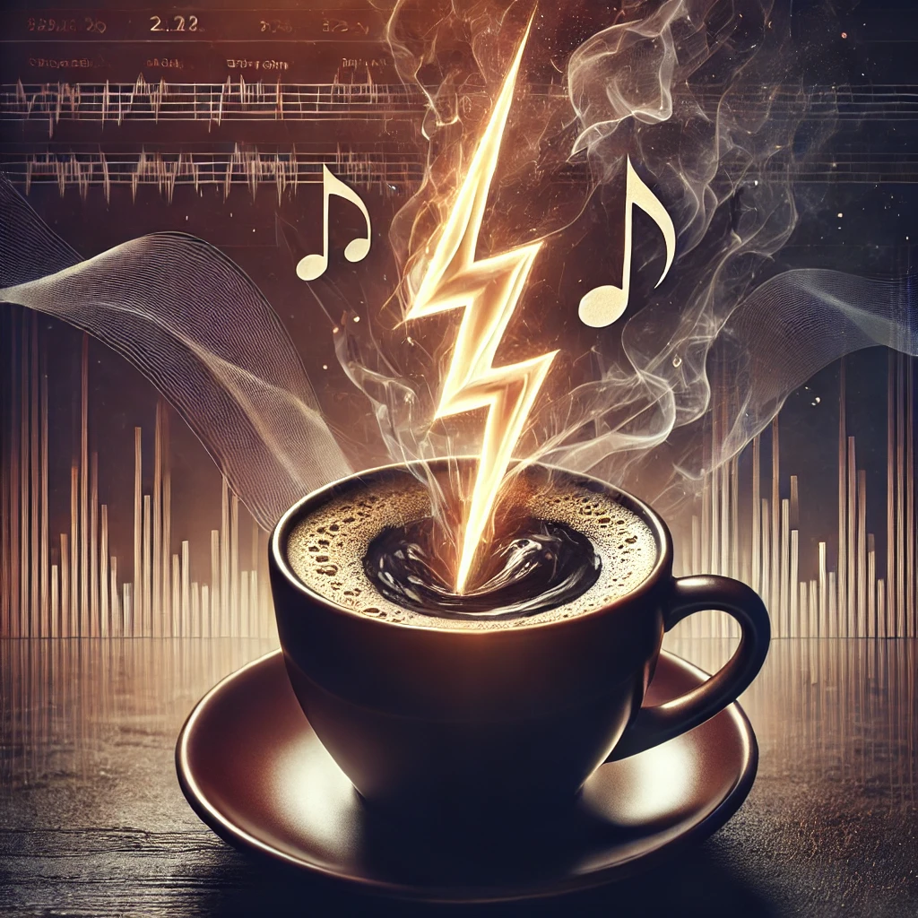 Lightning-bolt shaped coffee steam with subtle musical waveforms and market charts, reflecting the fusion of caffeine and aggressive music.