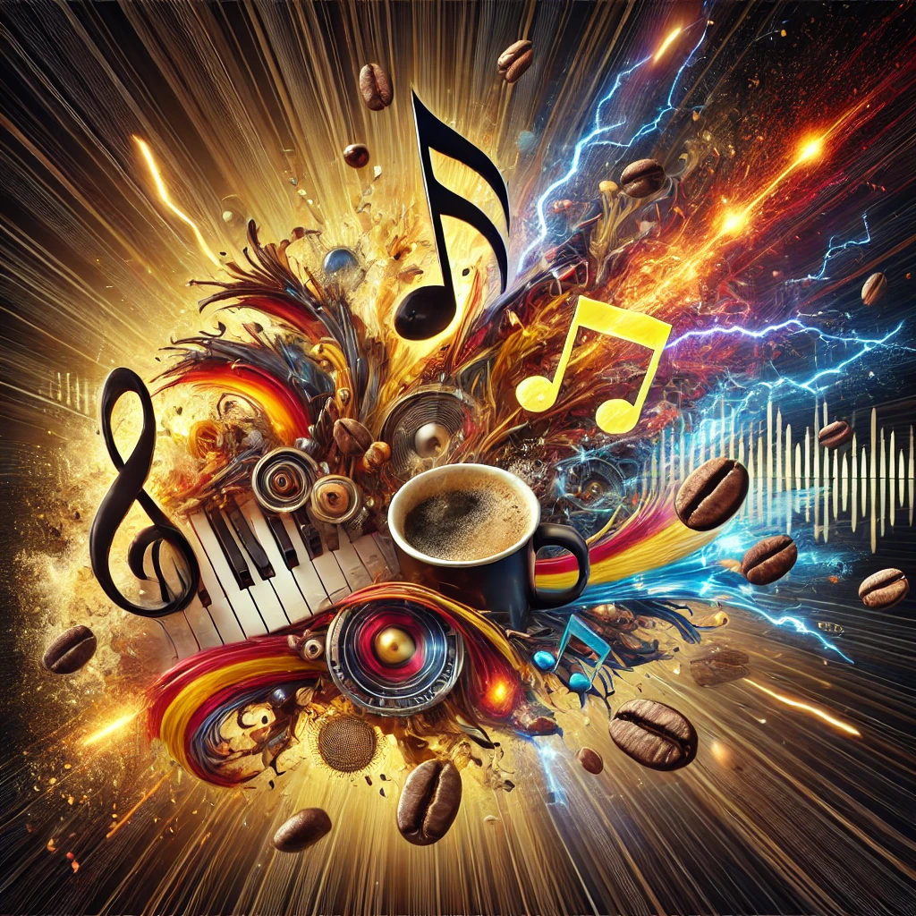 Fast-paced collage of music notes, coffee beans, and trading charts, capturing the high-energy blend of caffeine and metal.